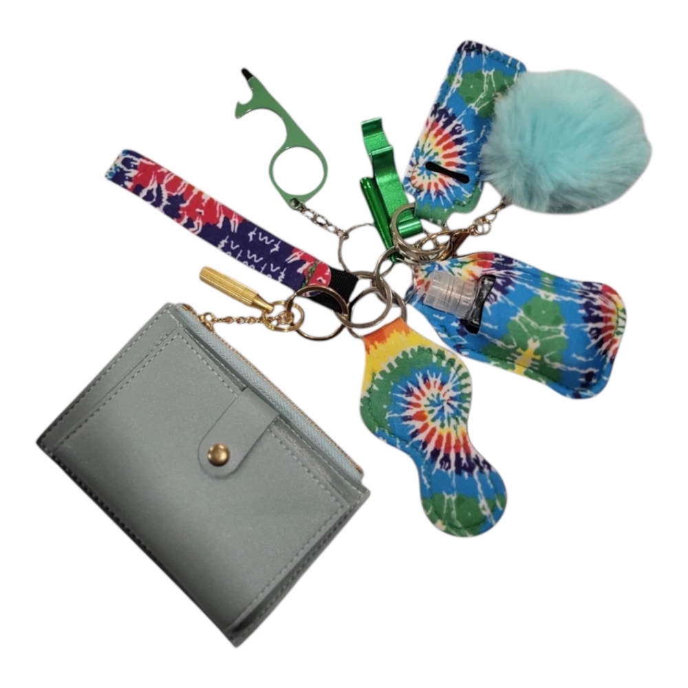New 11Pc Tie-Dye Self-Defense Safety Keychain Set With Wallet